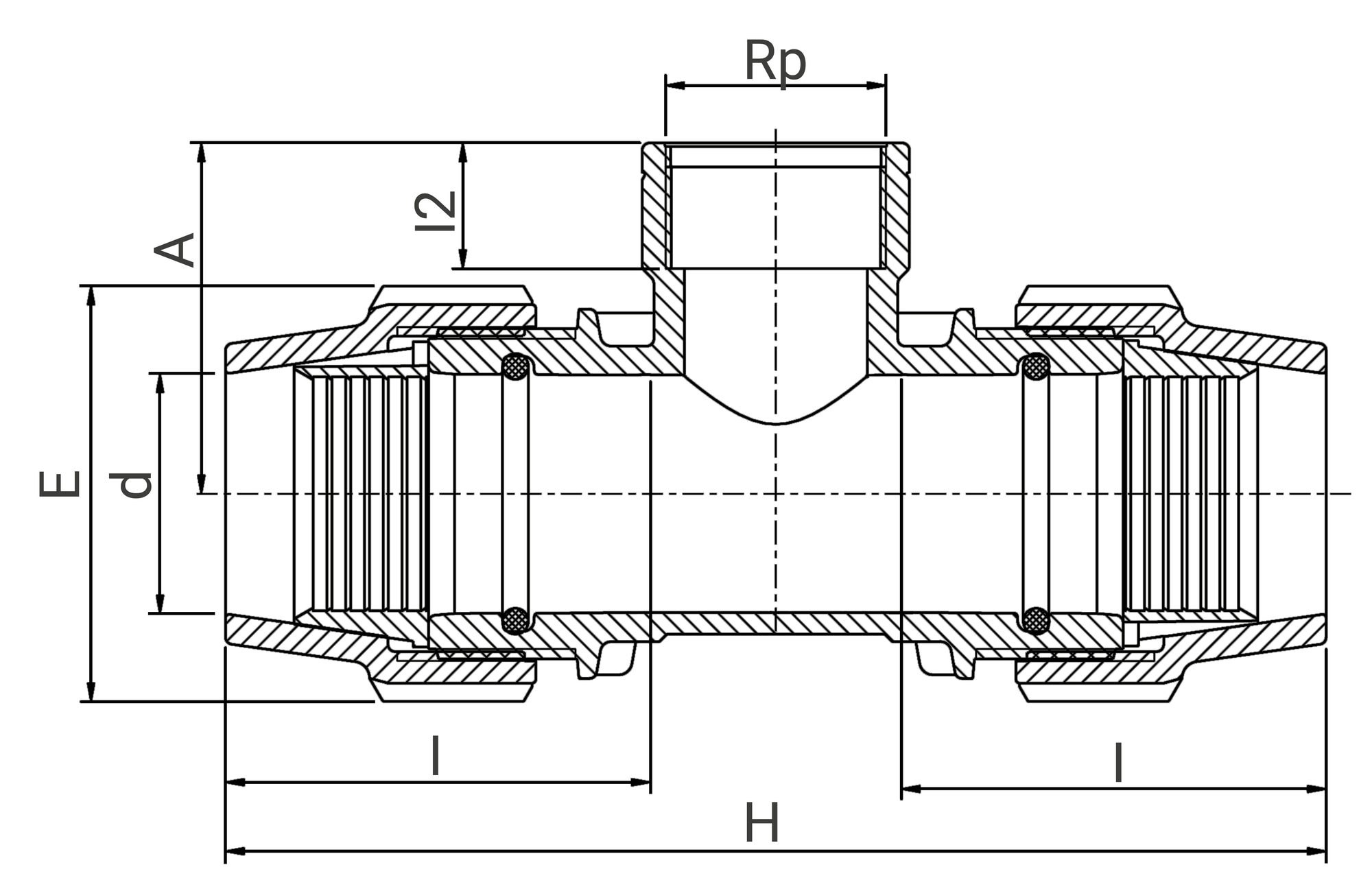 Schéma du 'Té à 90° de réparation à compression Série 7 avec dérivation taraudée - Filet conique ISO 7-1' Schéma de la référence