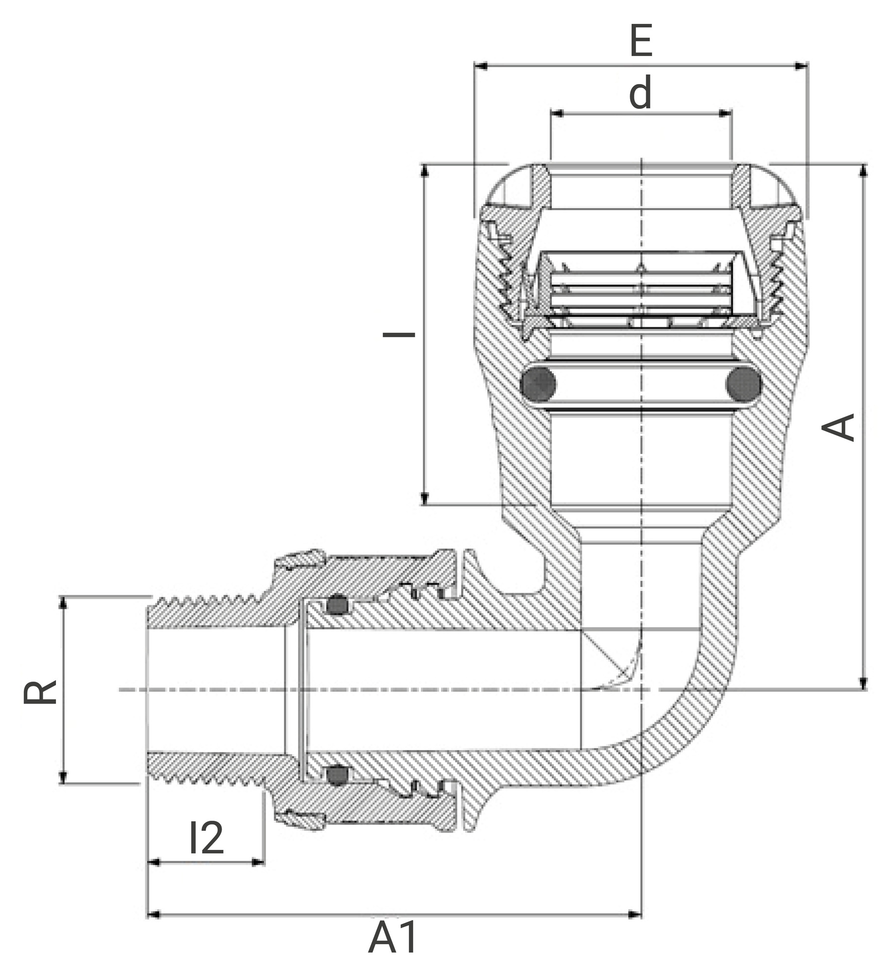 Schéma du 'Coude à 90° encliquetable Série 1 - Dérivation filetée polyamide - Filet conique - ISO 7-1' Schéma de la référence